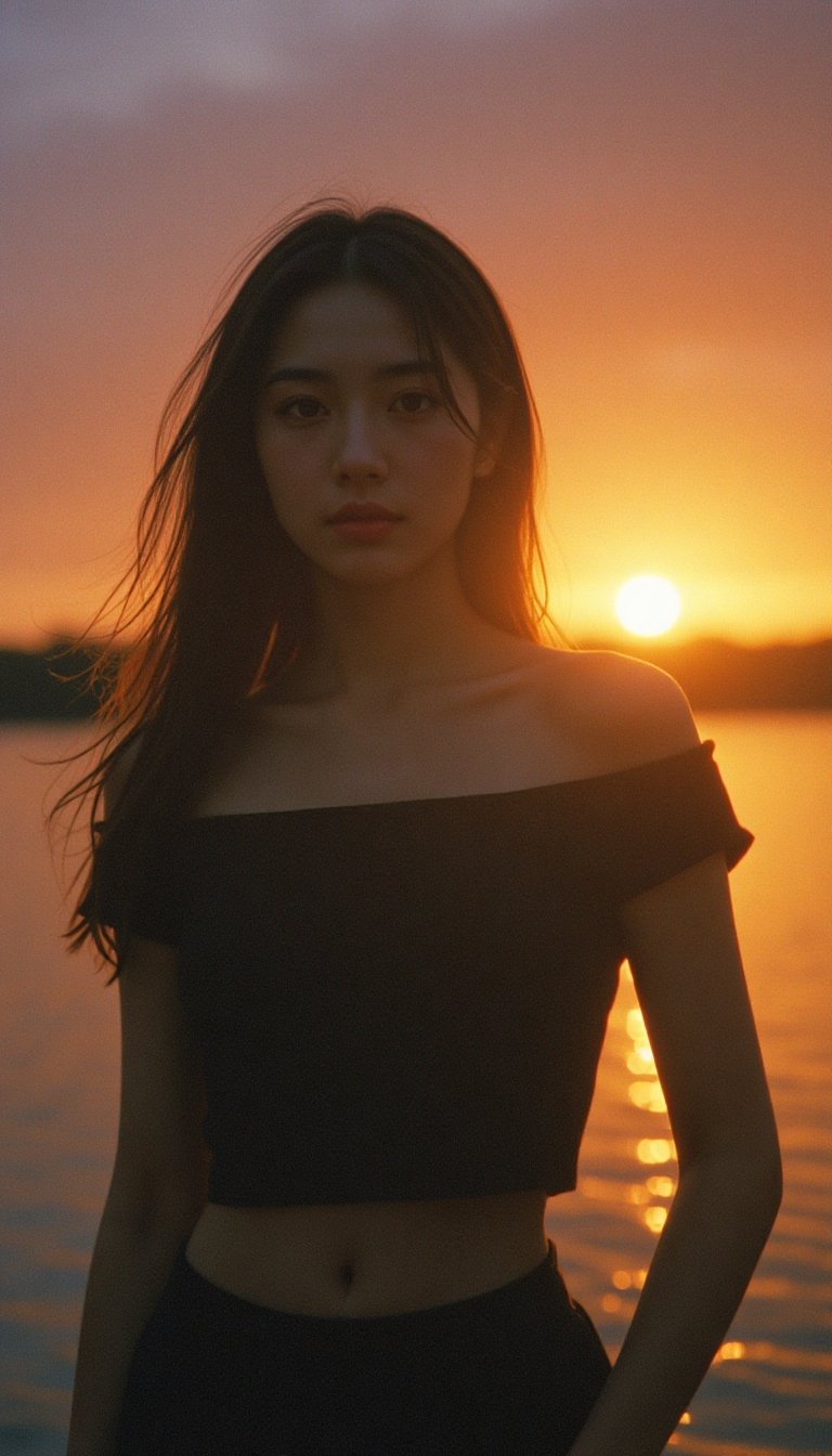 A portrait taken during the golden hour,  with the warm,  saturated colors typical of 1980s film photography. A young woma...