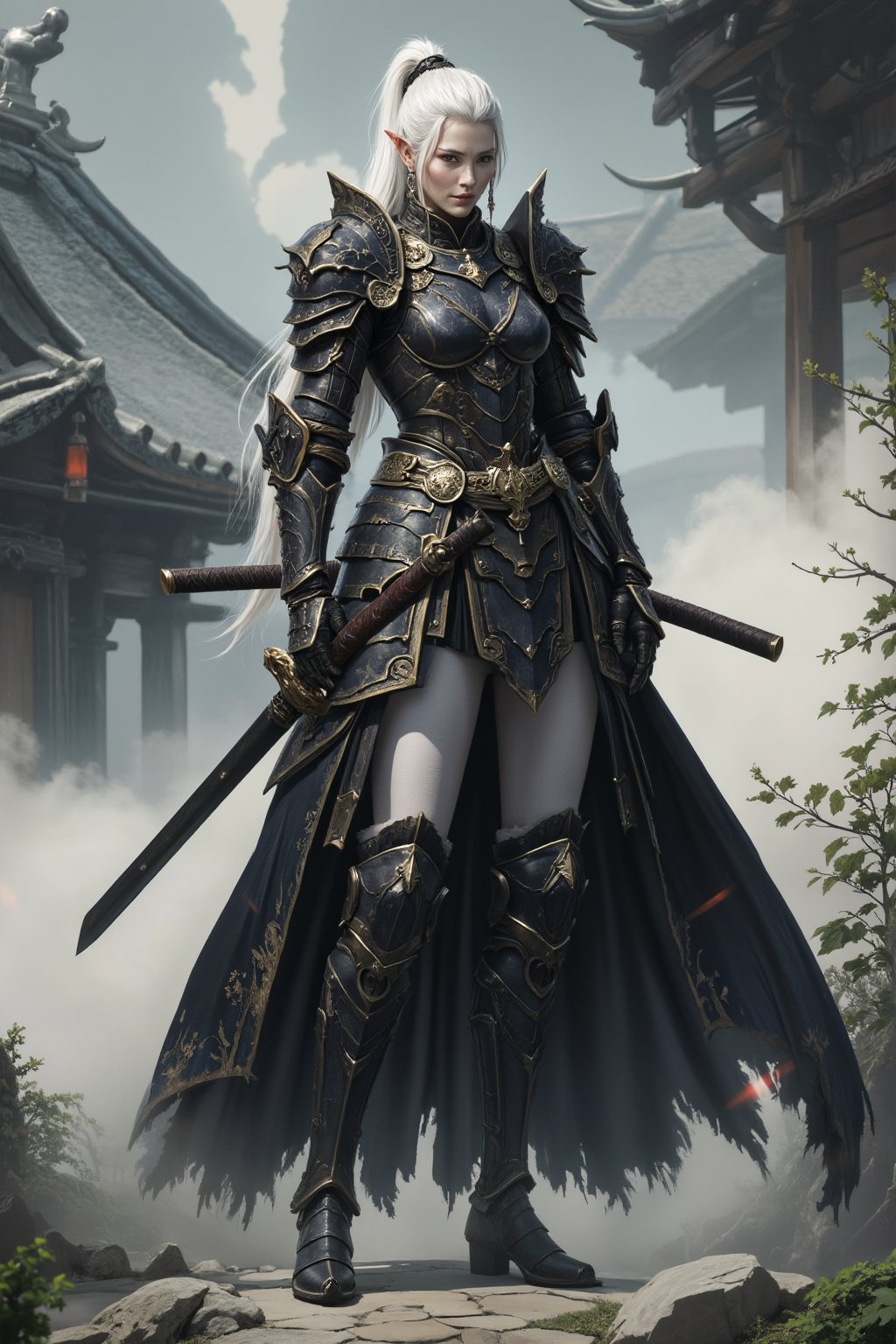 Depict a highly realistic portrait of a tall, imposing asina female elven ninja with fantasy white armor, clad in dark, layered samurai armor.Their silver-white hair is tied back, contrasting sharply with the white and gold elements of their attire. Her piercing eyes are visible, adding an air of mystery and danger. The armor is meticulously detailed, with leather straps, metal plates, and gold accents that highlight the character's stature. The background is shrouded in mist, with the outlines of traditional Japanese architecture barely visible, enhancing the mystical ambiance. Soft, diffused lighting should capture the textures and details of the scene, bringing a sense of depth and realism to the character and their surroundings. dynamic_pose, aesthetic_pose, With one foot forward and one hand resting on a katana, her stance alert as the fog shifts around her.