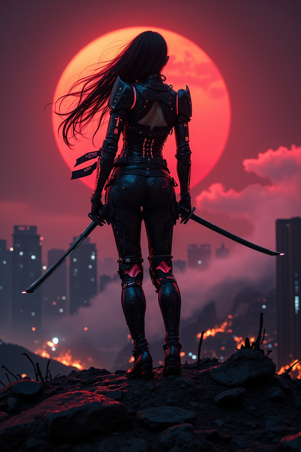 A cyborg geisha stands triumphantly amidst a smoldering metropolis, her raven-black tresses flowing like a waterfall down her back, framing her determined pose. Wearing samurai armor with neon accents, she holds her katana firmly in both hands, its gleaming blade reflecting the pulsating red and black hues of chaos behind her. Amidst the battlefield's ruin, neon-lit smoke billows through the air, casting an eerie glow on the devastated landscape.