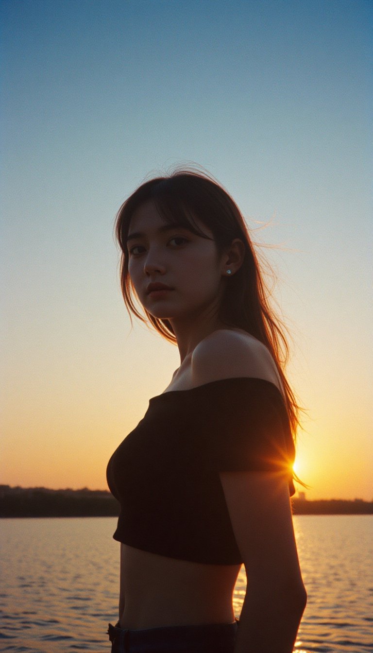 A portrait taken during the golden hour,  with the warm,  saturated colors typical of 1980s film photography. A young woma...