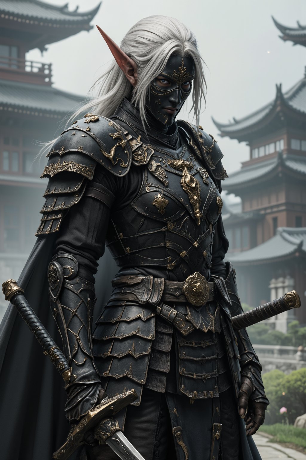 Depict a highly realistic portrait of a tall, imposing asina female elven ninja, holy armor, clad in dark, layered samurai armor.Their silver-white hair is tied back, contrasting sharply with the black and gold elements of their attire. Only their piercing eyes are visible above a black face mask, adding an air of mystery and danger. The armor is meticulously detailed, with leather straps, metal plates, and gold accents that highlight the character's stature. The background is shrouded in mist, with the outlines of traditional Japanese architecture barely visible, enhancing the mystical ambiance. Soft, diffused lighting should capture the textures and details of the scene, bringing a sense of depth and realism to the character and their surroundings. dynamic_pose, aesthetic_pose, With one foot forward and one hand resting on a katana, her stance alert as the fog shifts around her.