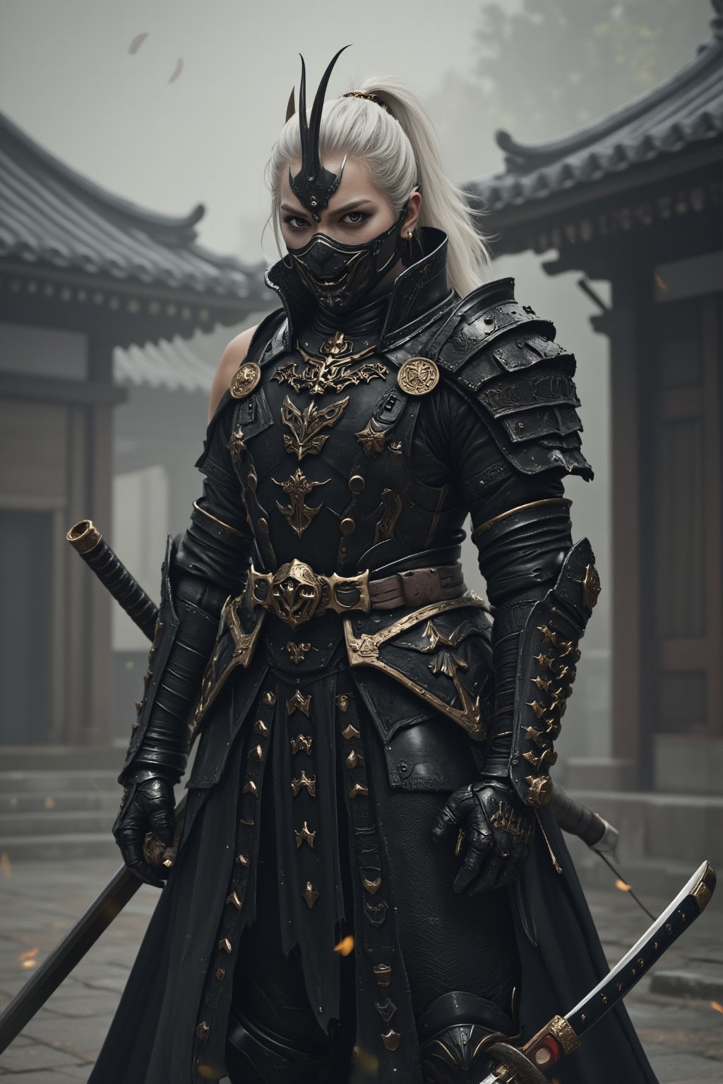 Depict a highly realistic portrait of a tall, imposing asina female elven ninja, holy armor, clad in dark, layered samurai armor.Their silver-white hair is tied back, contrasting sharply with the black and gold elements of their attire. Only their piercing eyes are visible above a black face mask, adding an air of mystery and danger. The armor is meticulously detailed, with leather straps, metal plates, and gold accents that highlight the character's stature. The background is shrouded in mist, with the outlines of traditional Japanese architecture barely visible, enhancing the mystical ambiance. Soft, diffused lighting should capture the textures and details of the scene, bringing a sense of depth and realism to the character and their surroundings. dynamic_pose, aesthetic_pose, With one foot forward and one hand resting on a katana, her stance alert as the fog shifts around her.