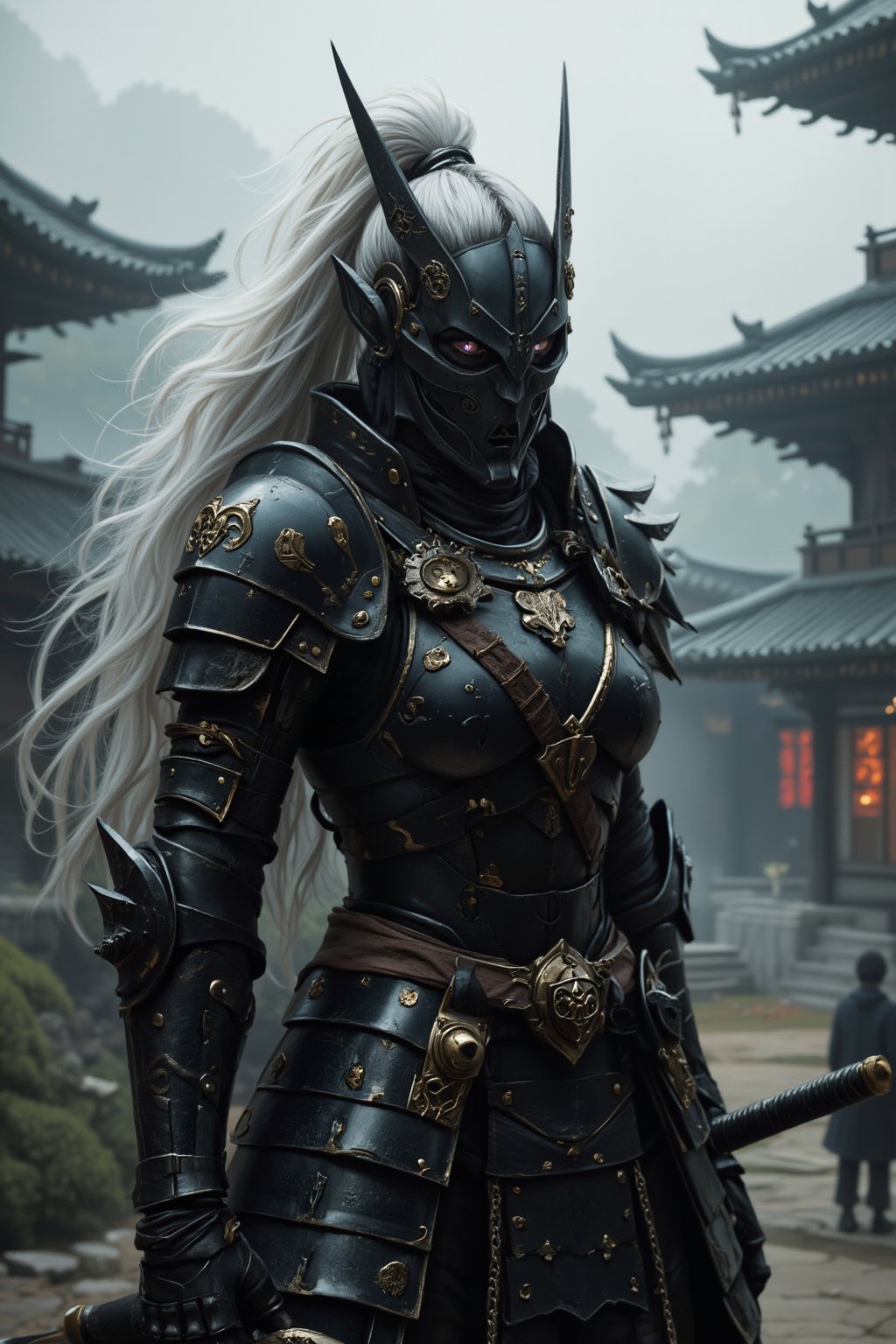 Depict a highly realistic portrait of a tall, imposing asina female elven ninja, clad in dark, layered samurai armor.Their silver-white hair is tied back, contrasting sharply with the black and gold elements of their attire. Only their piercing eyes are visible above a black face mask, adding an air of mystery and danger. The armor is meticulously detailed, with leather straps, metal plates, and gold accents that highlight the character's stature. The background is shrouded in mist, with the outlines of traditional Japanese architecture barely visible, enhancing the mystical ambiance. Soft, diffused lighting should capture the textures and details of the scene, bringing a sense of depth and realism to the character and their surroundings. dynamic_pose, aesthetic_pose, With one foot forward and one hand resting on a katana, her stance alert as the fog shifts around her.