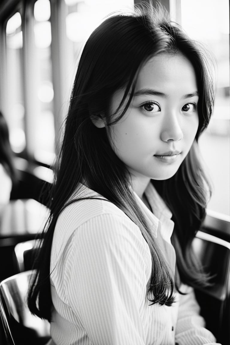 masterpiece, best quality, analogue photo of asian girl, long hair, eye level, high key lighting, photo by Leica M3 with 50mm lens, Tri-X 400 black and white film, (documentary photography, professional photo, balanced photo, balanced exposure)