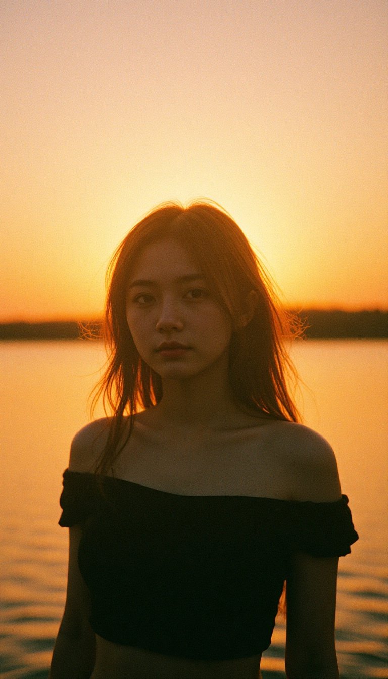 A portrait taken during the golden hour,  with the warm,  saturated colors typical of 1980s film photography. A young woma...