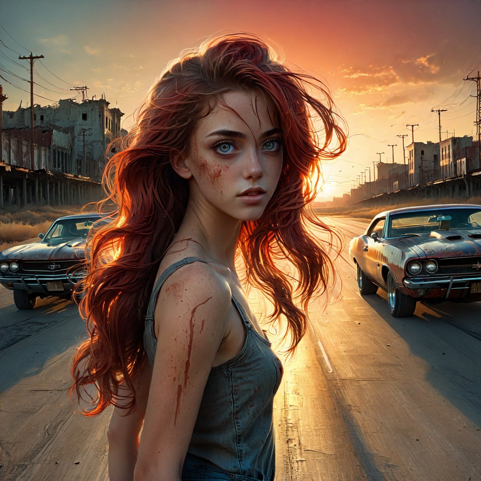 A beautiful girl walking towards the viewer alone on a deserted highway with abandoned 1960s era muscle cars, in the distance is an apocalyptic city, she has medium length red flowing hair, distressed jeans, sun setting in the background, (highly detailed eyes and face:1.4), 1 girl, level horizon, greg tocchini art style, pop surrealism, low brow art, crisp, gorgeous linework, clean and sharp, beautiful flowing lines, Decora_SWstyle, more detail XL