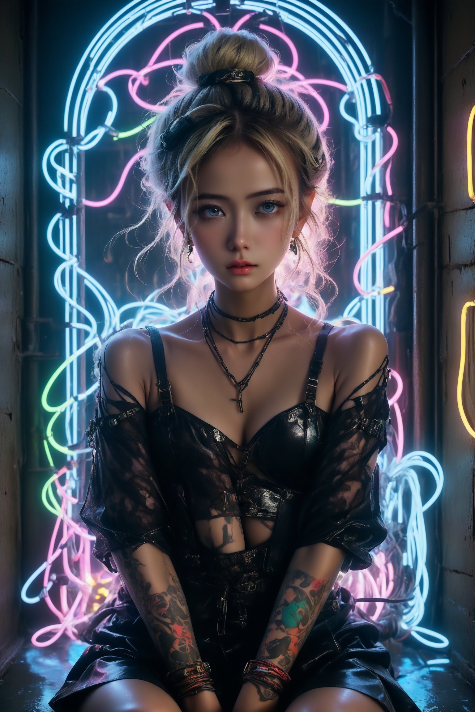 In this 8K masterpiece, a statuesque figure majestically sits within an abandoned prison cell, bathed in mesmerizing neon light that dances across her beauty, peircing blue eyes. (A colourful doorway to another dimension bathes the scene in an errie light:1.4), Her blonde messy bun hair is made up of wires and cables, framing her face. Adorned with intricate black lingerie and latex dress, she exudes regal elegance amidst the darkness. Brutalist machinery surrounds her throne-like seat, casting colorful lights on her tattoos, a testament to her cyborg nature as biopunk wires course through her body like veins. Wires and cables attach her head to the walls, creating an unsettling atmosphere of tension as if she's a slave to the machine. Sooyaaa