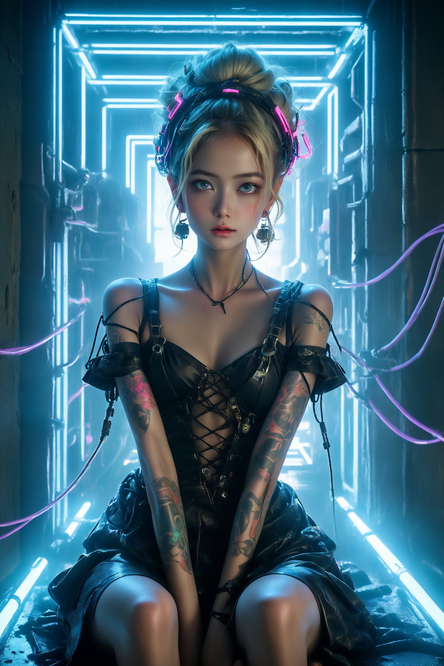 In this 8K masterpiece, a statuesque figure majestically sits within an abandoned prison cell, bathed in mesmerizing neon light that dances across her beauty, peircing blue eyes. (A colourful doorway to another dimension bathes the scene in an errie light:1.4), Her blonde messy bun hair is made up of wires and cables, framing her face. Adorned with intricate black lingerie and latex dress, she exudes regal elegance amidst the darkness. Brutalist machinery surrounds her throne-like seat, casting colorful lights on her tattoos, a testament to her cyborg nature as biopunk wires course through her body like veins. Wires and cables attach her head to the walls, creating an unsettling atmosphere of tension as if she's a slave to the machine. Sooyaaa