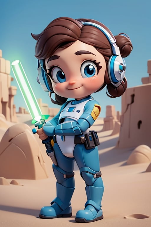 Princess Leia, blue eyes, bodysuit, looking at viewer, serious, smiling, full body shot, standing, holding green lightsaber, outdoors, desert, blue sky, extreme detail, masterpiece, ,chibi