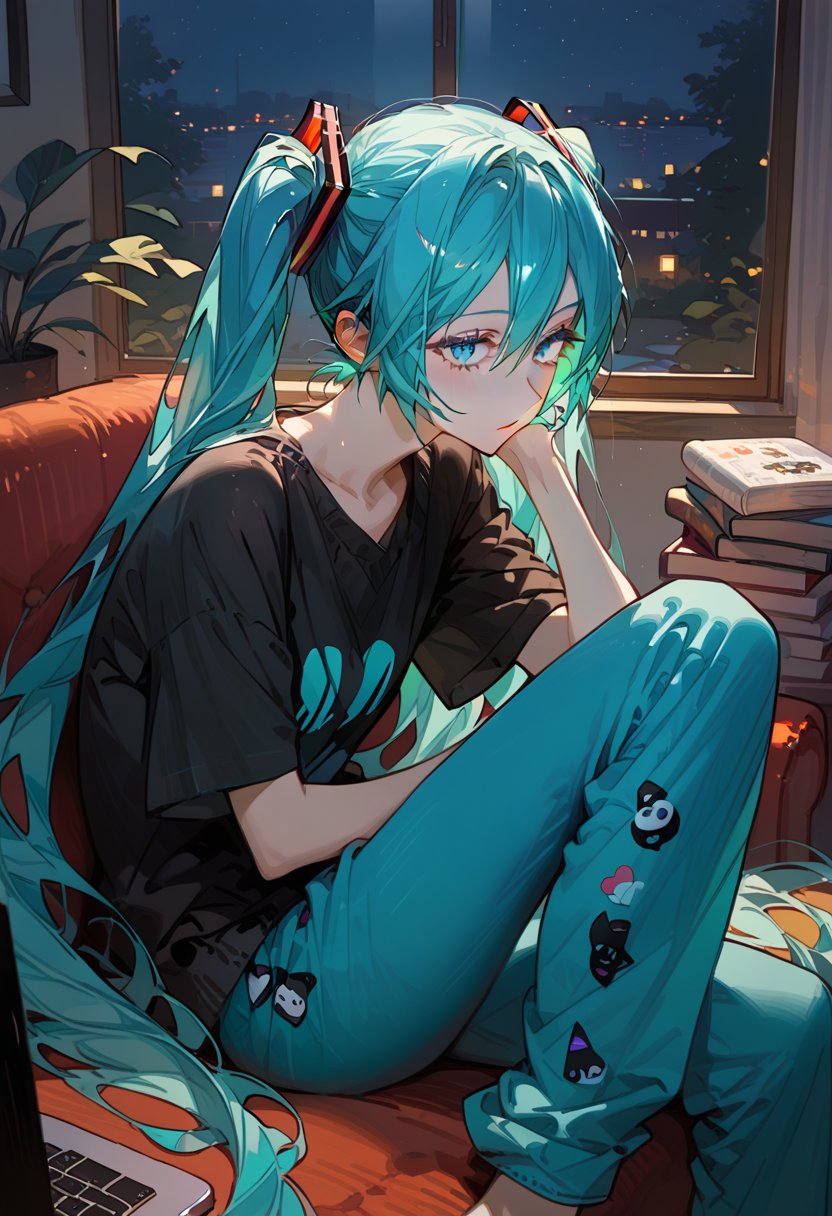 score_9, score_8_up, score_7_up, source_anime, hatsune_miku_(append), vocaloid, 1girl, aqua_hair, aqua_eyes, a girl, sitting the wood chair,  study in the table, Soft cotton T-shirt,Long pajama pants, Cardigan,night, moonlight streaming through the window, room filled with books and decorations, night time, serene atmosphere, high contrast, from_side