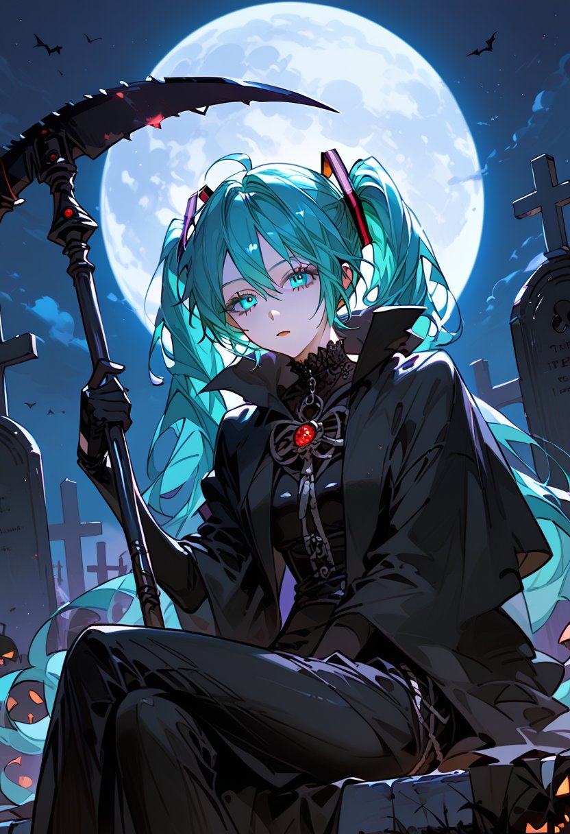 score_9, score_8_up, score_7_up, source_anime, hatsune_miku_(append), vocaloid, 1girl, aqua_hair, aqua_eyes, A death goddess sitting in a graveyard, (surrounded by will-o'-the-wisps:1.2),goth make up, cold expression,eerie and somber atmosphere,night, full moon,Long black cloak, Black gloves,( holding a Scythe:1.2), dark tones, haunting and melancholic mood,detailed eyes, beauty eyes, 2/3 shot