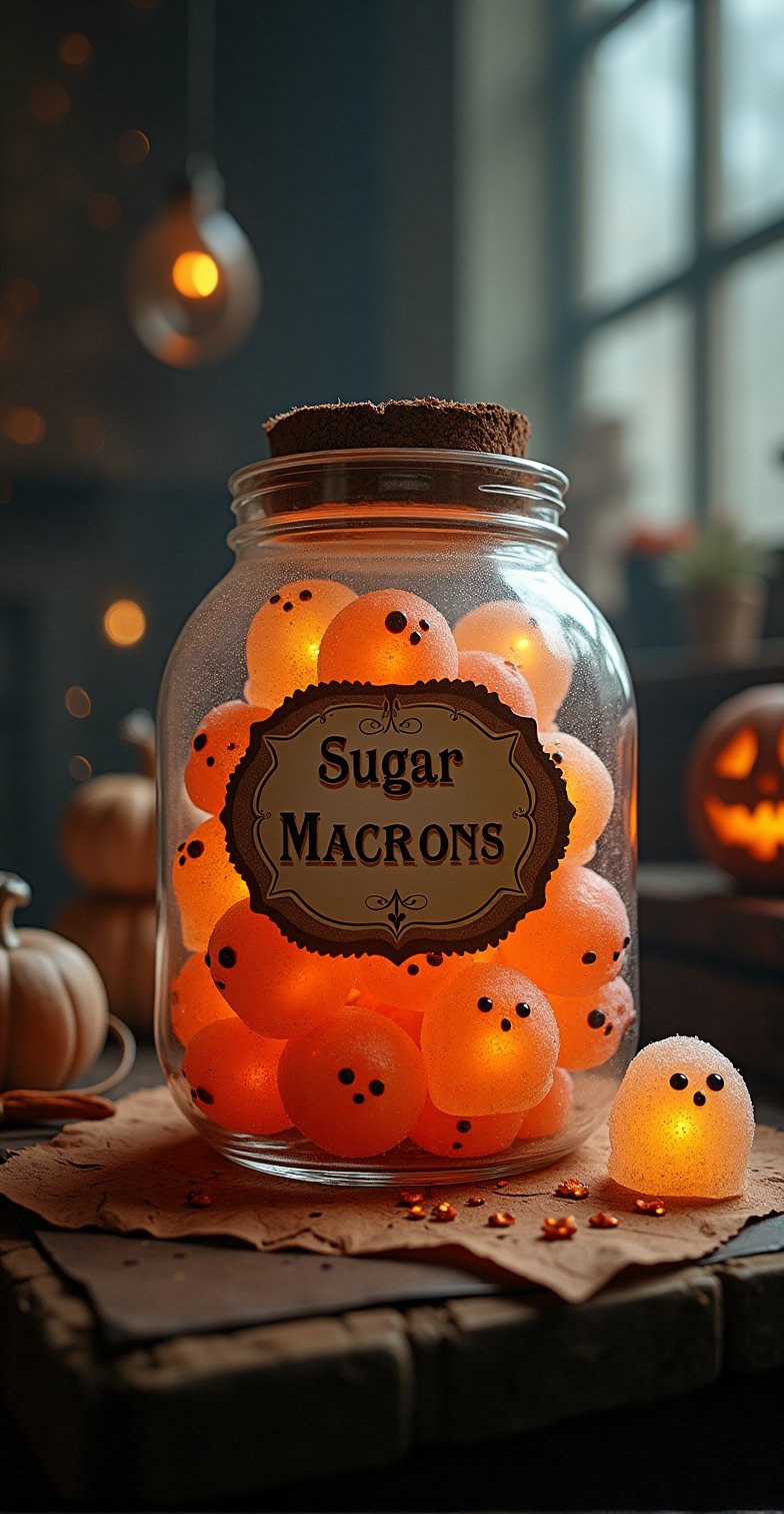 witchy ritualistic alchemy insanely detailed macro textured poster close up magic  glistening transparent  pumpkin jar with vintage label with text saying "Sugar MACRONS" full of detailed Macron-face-formed big jelly candies with eyes placed on the table in room, cute transparent flying out  white ghosts. cookies  sparks, glitter beautiful style ultra detailed complex analog raw photo window, stars Hudson River School, Repin Kuindzhi expressive brushstrokes mixed with wash masterpiece , transparence intricated lighting, dynamic shadow play sparks , water air perspective high deepness cinematic foggy