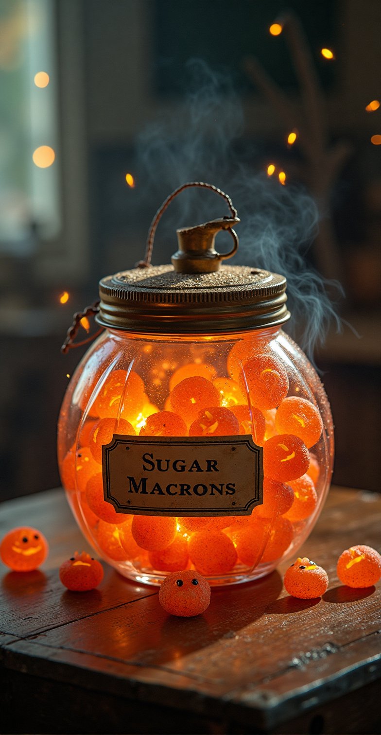 witchy ritualistic alchemy insanely detailed macro textured poster close up magic  glistening transparent  pumpkin jar with vintage label with text saying "Sugar MACRONS" full of detailed Macron-face-formed big jelly candies with eyes placed on the table in room, cute transparent flying out  white ghosts. cookies  sparks, glitter beautiful style ultra detailed complex analog raw photo window, stars Hudson River School, Repin Kuindzhi expressive brushstrokes mixed with wash masterpiece , transparence intricated lighting, dynamic shadow play sparks , water air perspective high deepness cinematic foggy