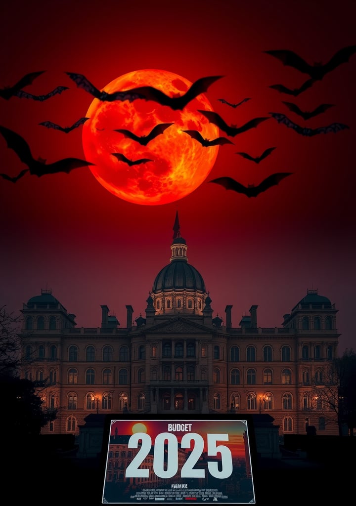 Super huge, crimson moon, spooky french parliament, poster of a movie about Budget 2025, bats flying everywhere, darkness covering