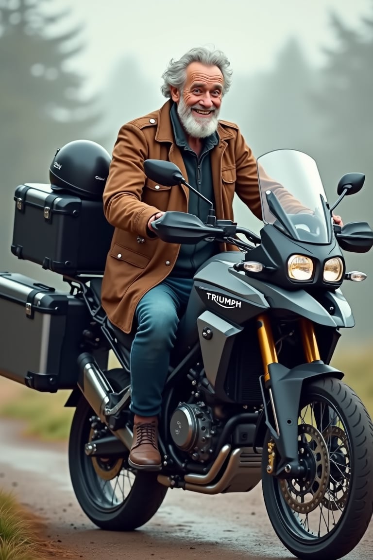 an old grinning guy with grey hair is sitting on his stopped grey coloured 2020 Triumph Tiger Explorer motorbike. He's wearing a brown leather coat, blue jeans and His black enduro helmet is on one of the rear view mirrors. The motorbike has got a black cubic top case and 2 black suitcases on th back sides. intricate details, high quality, 8k ,cartoon-network.