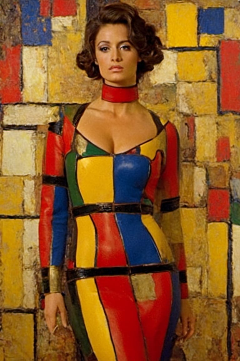 Abstract art. Vangog brush strokes. ,Movie Still,HZ Steampunk, female body curves. Woman facing the camera.Mondrian 