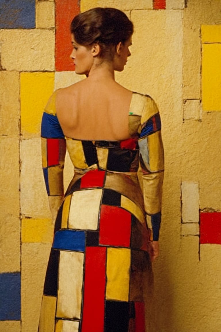 Abstract art. Vangog brush strokes. ,Movie Still,HZ Steampunk, female body curves. Woman facing the camera.Mondrian 