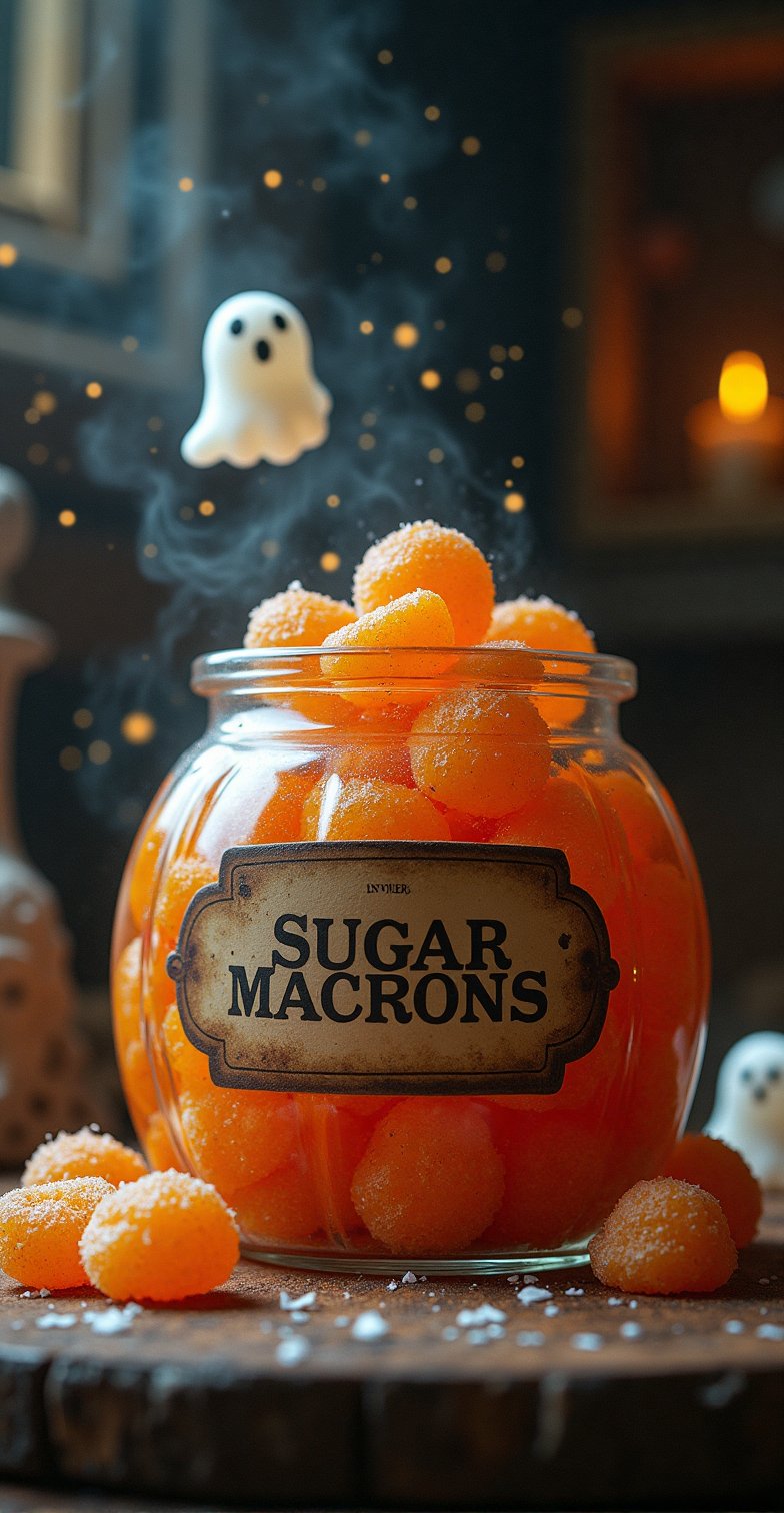 witchy ritualistic alchemy insanely detailed macro textured poster close up magic  glistening transparent  pumpkin jar with vintage label with text saying "Sugar MACRONS" full of detailed Macron-face-formed big jelly candies  placed on the table in room, cute transparent flying out  white ghosts. cookies  sparks, glitter beautiful style ultra detailed complex analog raw photo window, stars Hudson River School, Repin Kuindzhi expressive brushstrokes mixed with wash masterpiece , transparence intricated lighting, dynamic shadow play sparks , water air perspective high deepness cinematic foggy