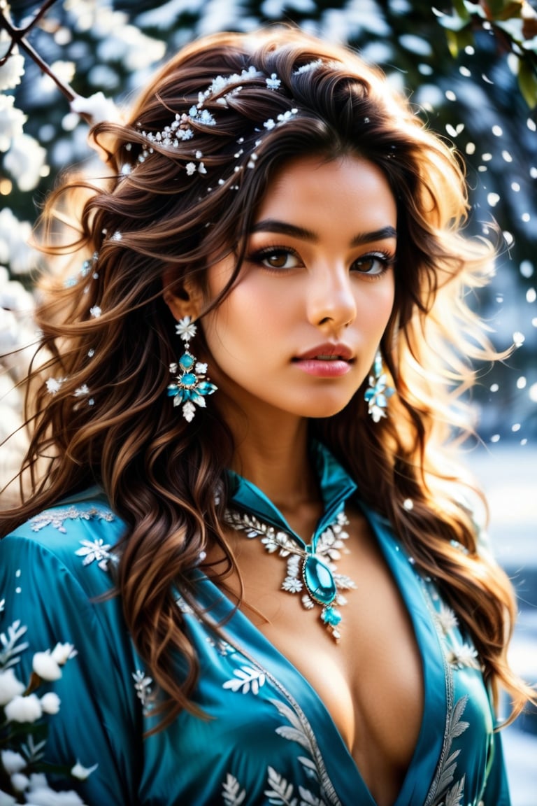 ((Generate hyper realistic captivating scene featuring a beautiful ice queen in ancient winter clothing)) rich intrincate detailed, long dark hair, 16k resolution, masterpiece, highly complex setting, dynamic lighting, breathtaking, cleavage, snowy mountains background