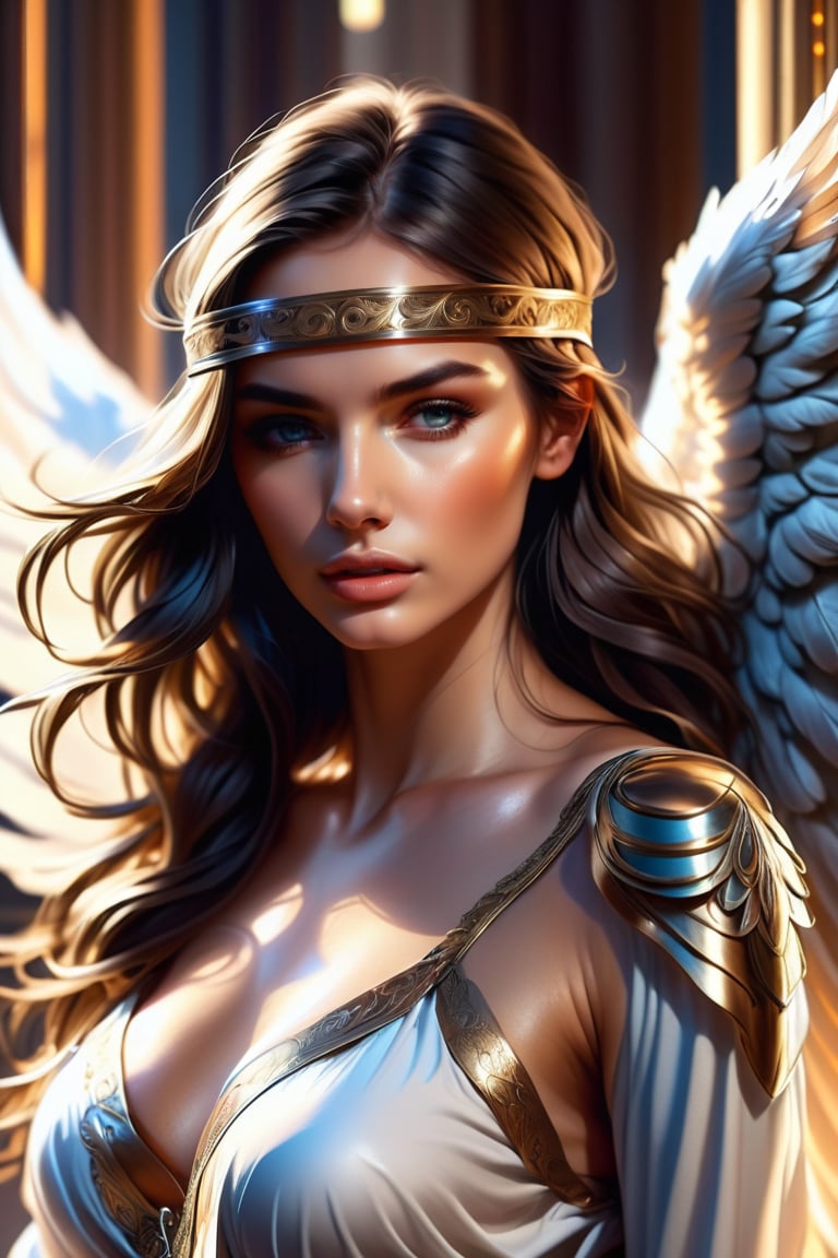 ((Generate hyper realistic captivating scene featuring a beautiful female angel with a blindfold praying)) rich intrincate detailed, long dark hair, 16k resolution, masterpiece, highly complex setting, dynamic lighting, breathtaking, ,DonMM1y4XL