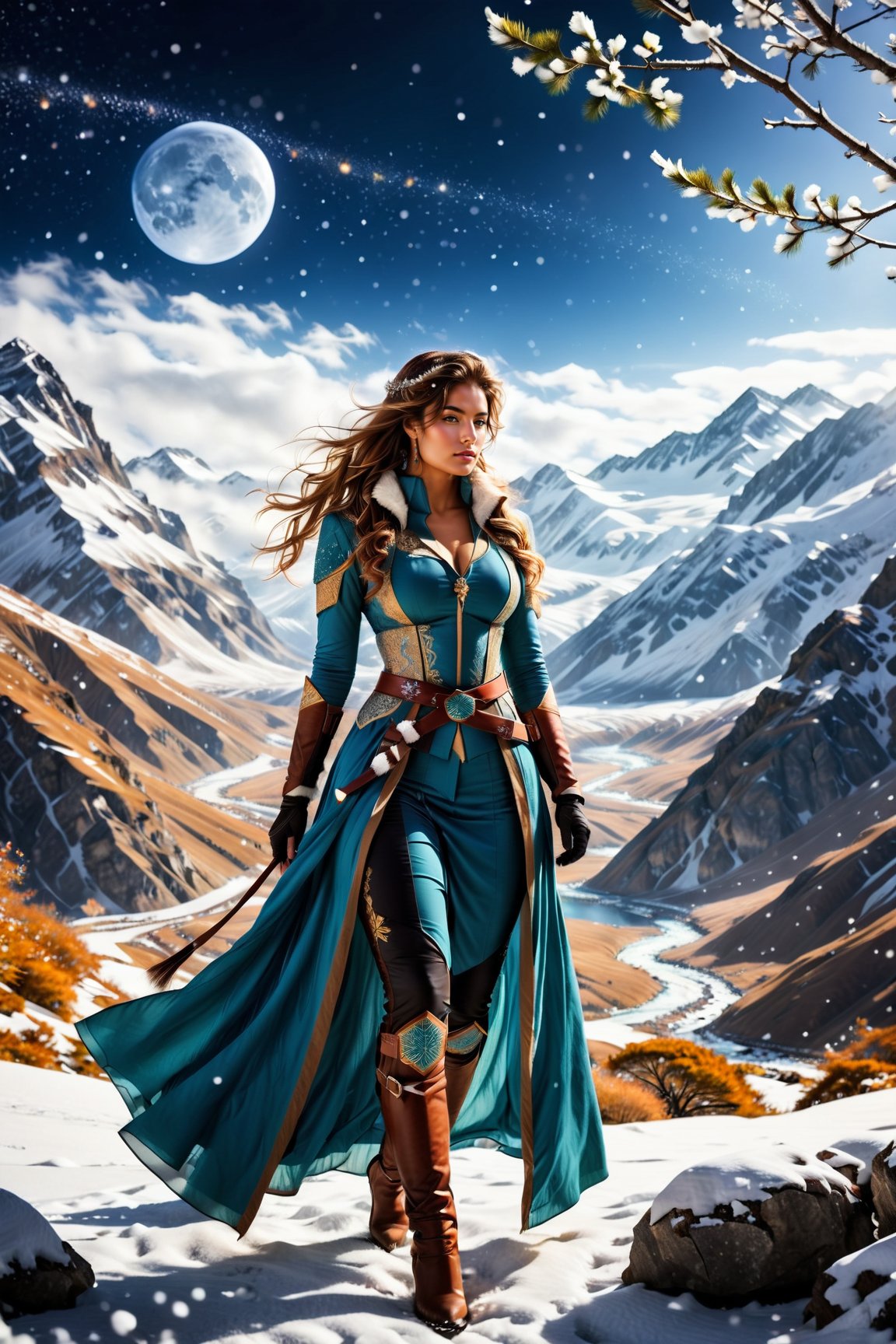 ((Generate hyper realistic captivating scene featuring a beautiful ice queen in ancient winter clothing)) rich intrincate detailed, long dark hair, 16k resolution, masterpiece, highly complex setting, dynamic lighting, breathtaking, cleavage, snowy mountains background