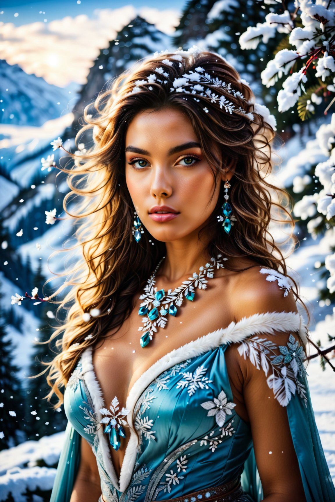 ((Generate hyper realistic captivating scene featuring a beautiful ice queen in ancient winter clothing)) rich intrincate detailed, long dark hair, 16k resolution, masterpiece, highly complex setting, dynamic lighting, breathtaking, cleavage, snowy mountains background