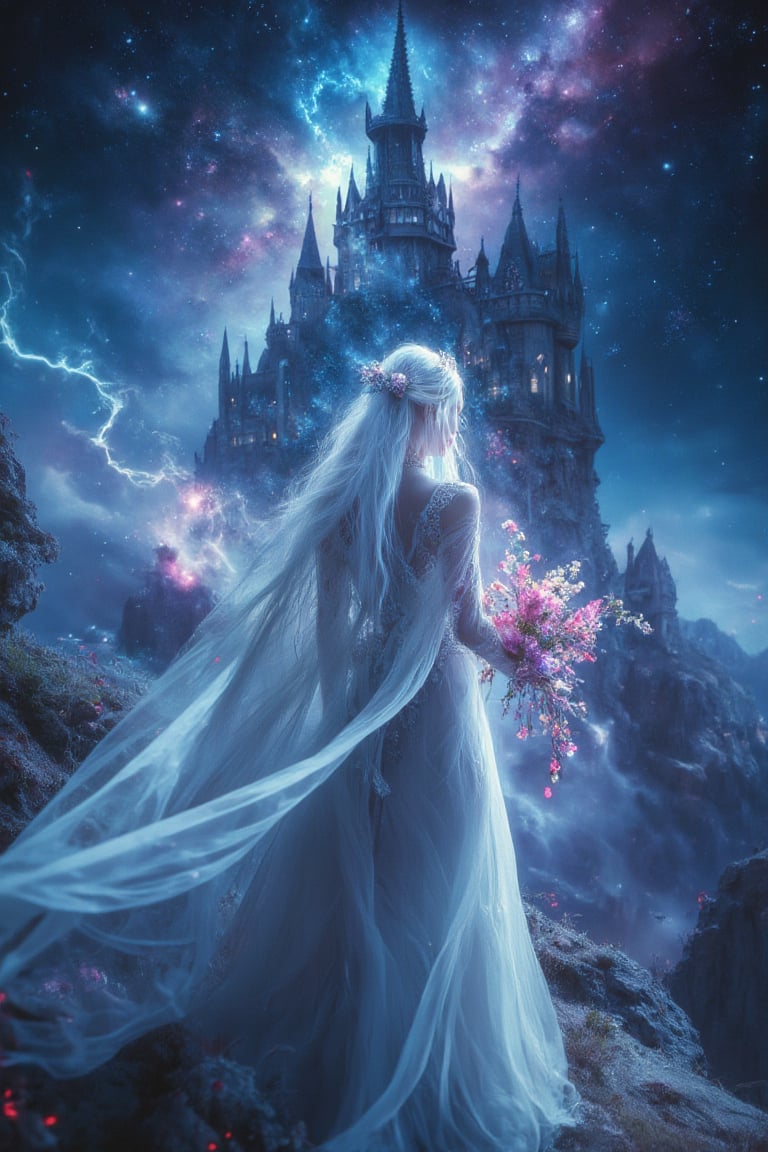 Beautiful female elf, elf with long silver hair, elf in beautiful white wedding dress, surreal photo, fantasy castle, neon colors, high contrast, fantasy, realistic details, high resolution, lord of the rings, maverick, movie stills, movie stills, beautiful western castle in the background, nebula, galaxy in the background, light, electric arc
