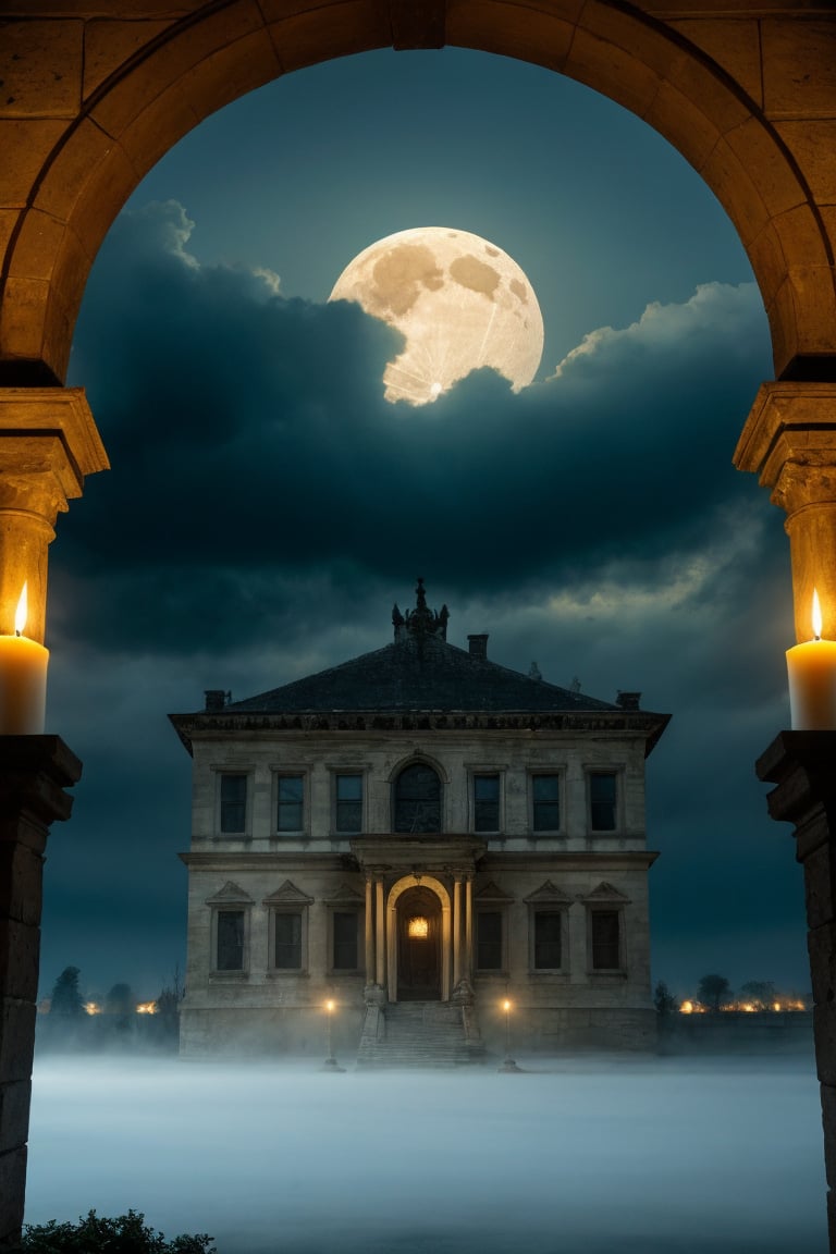 , Enigmatic gaze, aestheticism,The setting is dark and atmospheric, a grand but decaying mansion perched on a windswept hill, shrouded in mist. The towering structure looms with pointed arches, stone gargoyles, and ivy creeping up the weathered walls. The sky is overcast, with heavy clouds that obscure the moon, casting eerie shadows across the grounds. Inside, long corridors stretch into darkness, illuminated only by flickering candlelight, The backdrop features classical architecture and statues, with dim lighting and candleholders adding to the opulent yet eerie atmosphere.