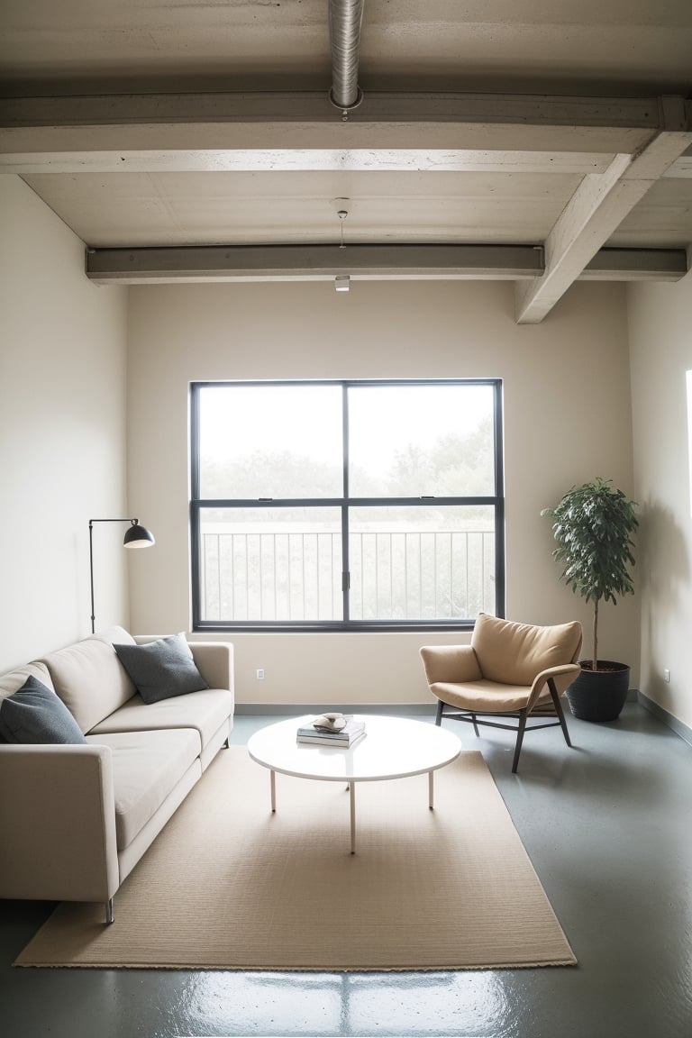 photo studio with all This scene depicts a minimalist, modern loft-style studio. The space features large windows allowing natural light to flood the room, giving it a bright and airy feel. The interior is a blend of neutral tones with black, white, and beige dominating the color palette. The furniture is simple and sleek, with black chairs, a light beige couch, and geometric decor accents. The flooring is a polished concrete that adds an industrial touch, while the overhead lighting is soft and round. The studio includes a photography backdrop, hinting at its functional purpose, blending style with utility. (((no Human))))