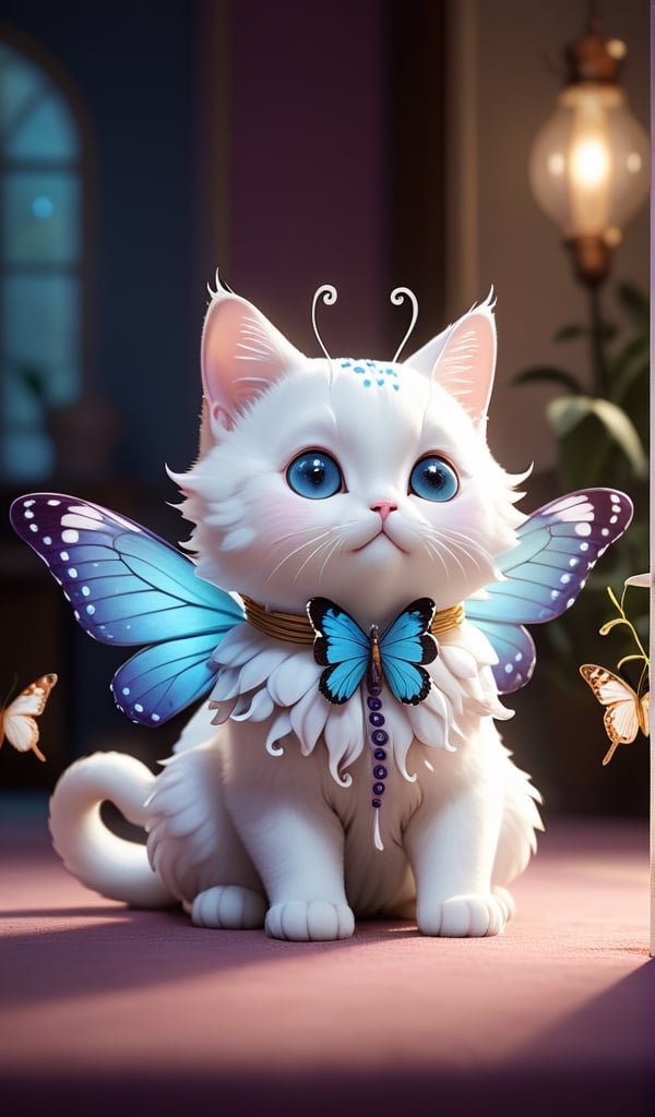 Solo, long sleeves, no humans, depth of field, chinoiserie, white cat with butterfly wings, butterfly tentacles on head, octopus tentacles on front paws, animal focus, whiskers, clothed animals, soft lighting, kawaii ,fat,surreal,8k,mellow
