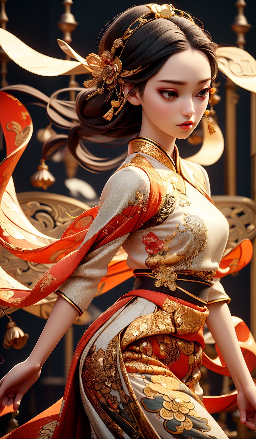 masterpiece, best quality, masterpiece, high definition, super high resolution, 1girl, (fractal art: 1.3), dark shadow, chinese style, loneliness, long black hair, fair skin, dark background, updo hair, embroidered hanfu , elegant, skirt, gold clothing,solorpunk