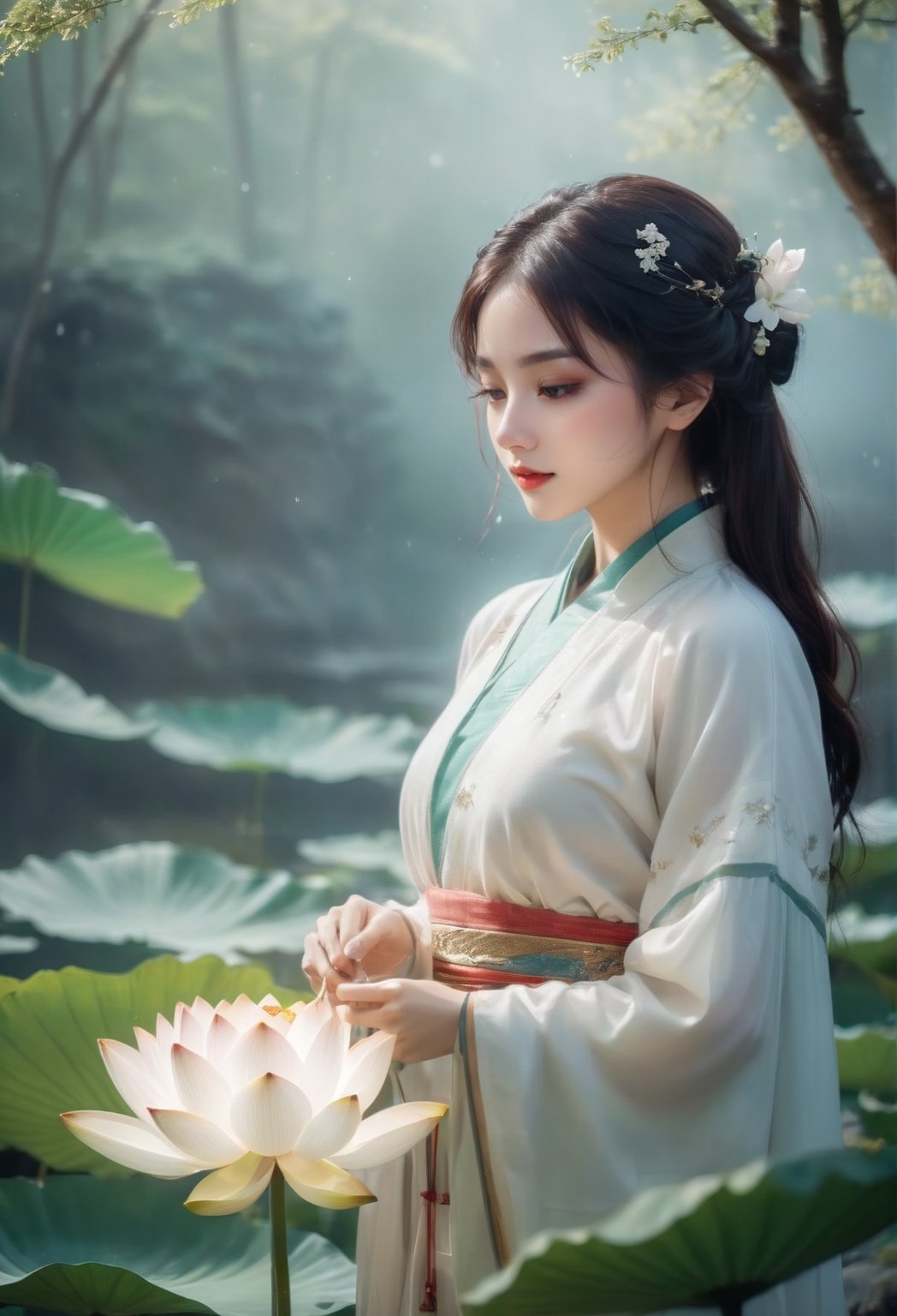 Dream, tranquility, white and green: 1.2), (smile), (compassion), (lotus, branches), (dry ice, mist, picture below: 1.1), (front), (middle shot), she is smiling, behind her Lotus flowers and tree branches surround her, creating a natural, tranquil backdrop. Below her, dry ice forms a mist, adding to the dreamy atmosphere. The main colors are white and green, creating a pure and harmonious mood, fashion, woman, energy, clothing, colorful, dynamic, confident, bigger, eye-catching, masterpiece, best quality, lens flare, depth of field, motion blur, (backlight, backlight: 1.1), raster, raster, (light through hair: 1.2), 1 girl, fantasy, 8K, winterhanfu