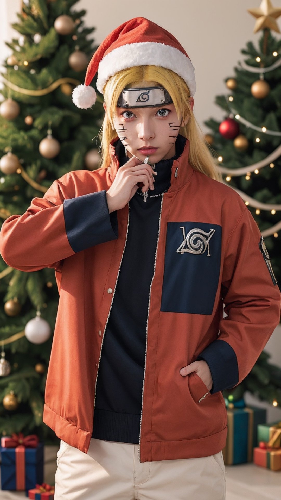 masterpiece,  best quality,  1girl,  solo,  gakuran,  christmas hat, christmas suit, long hair,  Naruto uzumaki,  long blonde hair,  spiked hair , n4rut0, facial mark,  forehead protector,  konohagakure symbol,