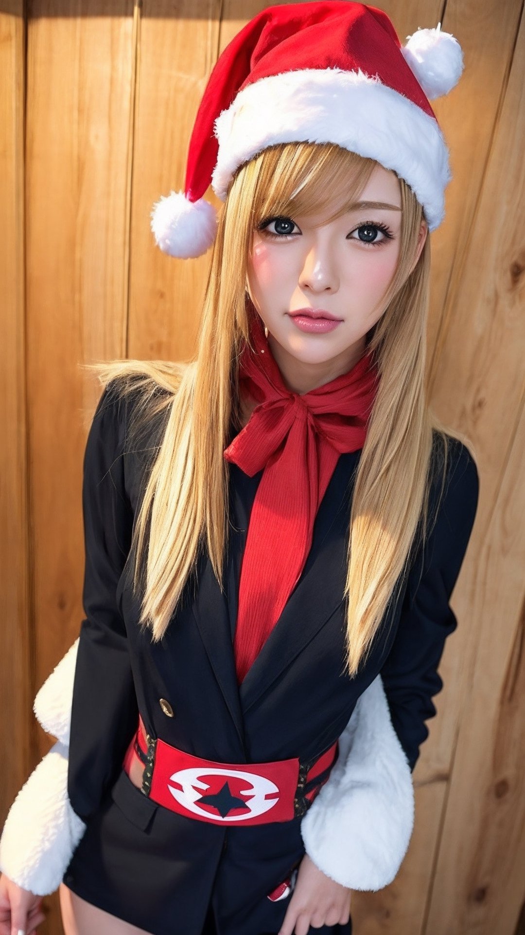 masterpiece,  best quality,  1girl,  solo,  gakuran,  christmas hat, christmas suit, long hair,  Naruto uzumaki,  long blonde hair,  spiked hair , n4rut0, facial mark,  forehead protector,  konohagakure symbol,izumi ran