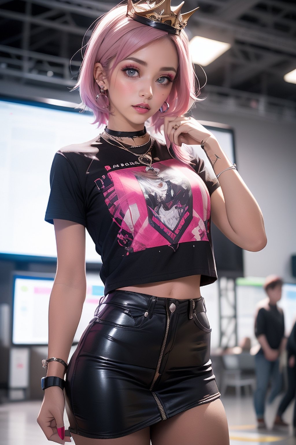 Alafe girl with pink hair and a crown on her head, dressed in punk clothing, dressed in crustpunk clothing, Anime girl cosplay, Cybergoth, Wearing a punk costume, kerli koiv as anime girl, 1 7 - year - old anime goth girl, Belle Delphine, Anime Cosplay, With pink hair, real life anime girl, Punk Girl,LightningPunkAI,edgpskirt,Cyberpunk,photo r3al,midjourney