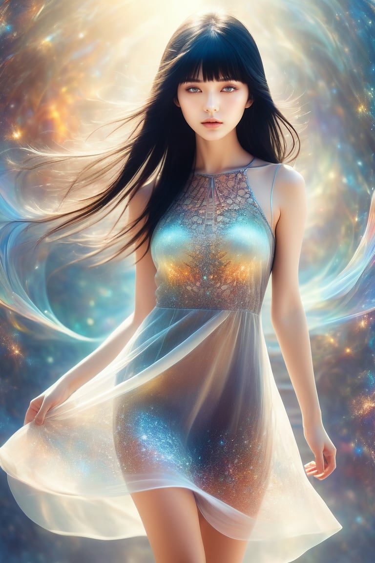 (Fractal Art: 1.3), (Colorful Colors), 1 person, female, 18 years old, mysterious beautiful girl, black long straight hair, blunt bangs, slanted eyes, sparkling eyes, see-through casual dress made of translucent luminous material, black pumps, promenade, sunny sky, cinematic lighting, soft focus, translucent luminous body, excessive overexposure, airy photo,