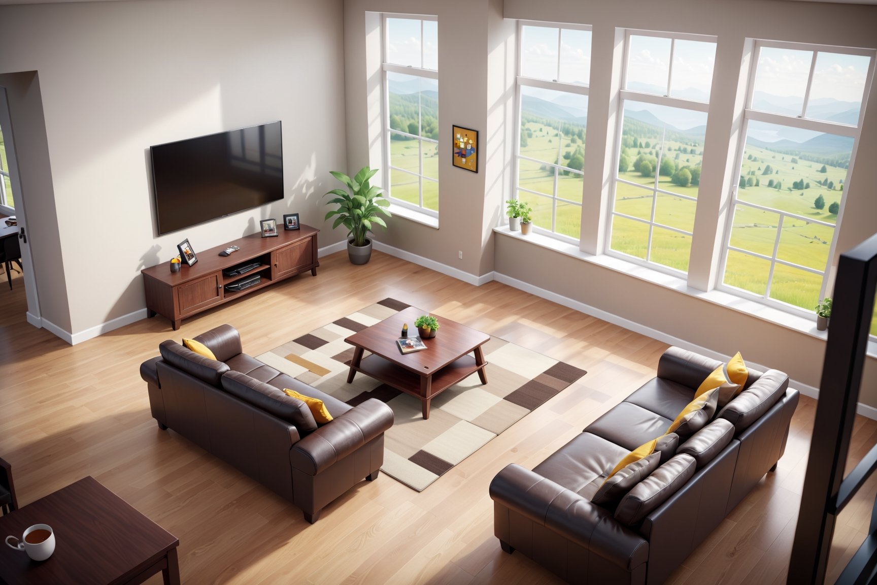 Concept of 3d game life simulation with top down view. Family room interior with large windows. Super quality, gforce graphic card, ambient occlusion, raytracing, ultra HD