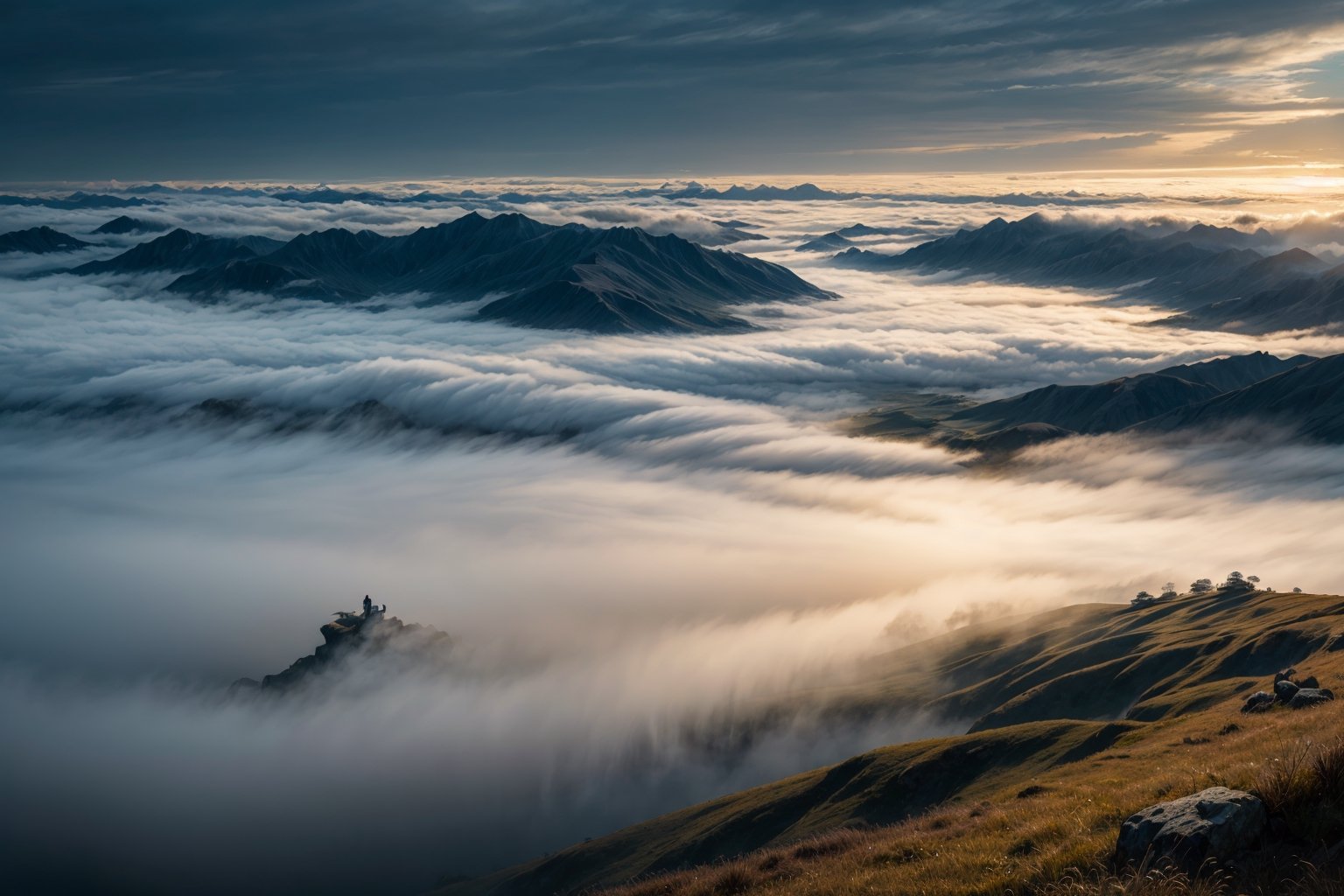 Bird eye level shot, grassland, foggy, misty, windy, blue hour, cinematic, masterpiece, best quality, high resolution