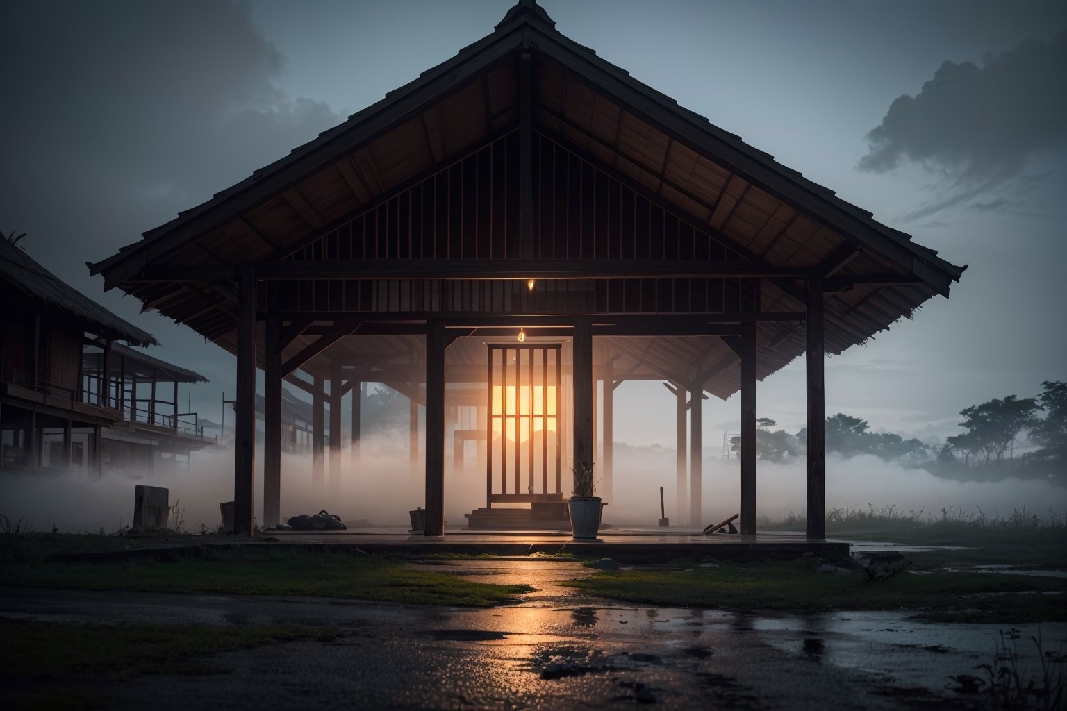 Indonesian village, creepy ambience, evening, fog, mist, lonely, eerie atmosphere, poverty modern house, depth of field, masterpiece, best quality, 8k, (photorealistic)