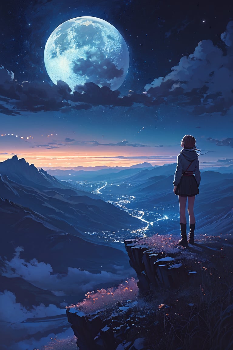 (by Yoshitaka Amano), far away view, 1girl, night sky, cloudy, galaxy, moon, nature, mountains, from the void, magic, fantasy, (style of Atey Ghailan:0.6)