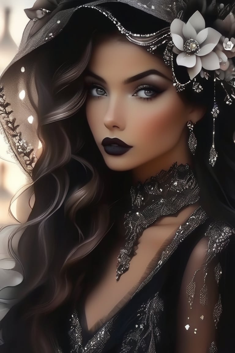 Gothic. Woman, young beautiful, fine black lace dress, silver filigree, chiffon, tulle, silver threads, beautiful full black lips, eye drawing, tuxedo eyes, long fluffy lashes, watercolor, flowers, photorealism, bohemian, delicate image, line drawing, hyper-detailing, aesthetic, 4k, ISO 100, pixel graphics, soft lighting, floral aesthetic, mosaic illustration, hiden in layer's of tule fabric, 
, cinematic moviemaker style