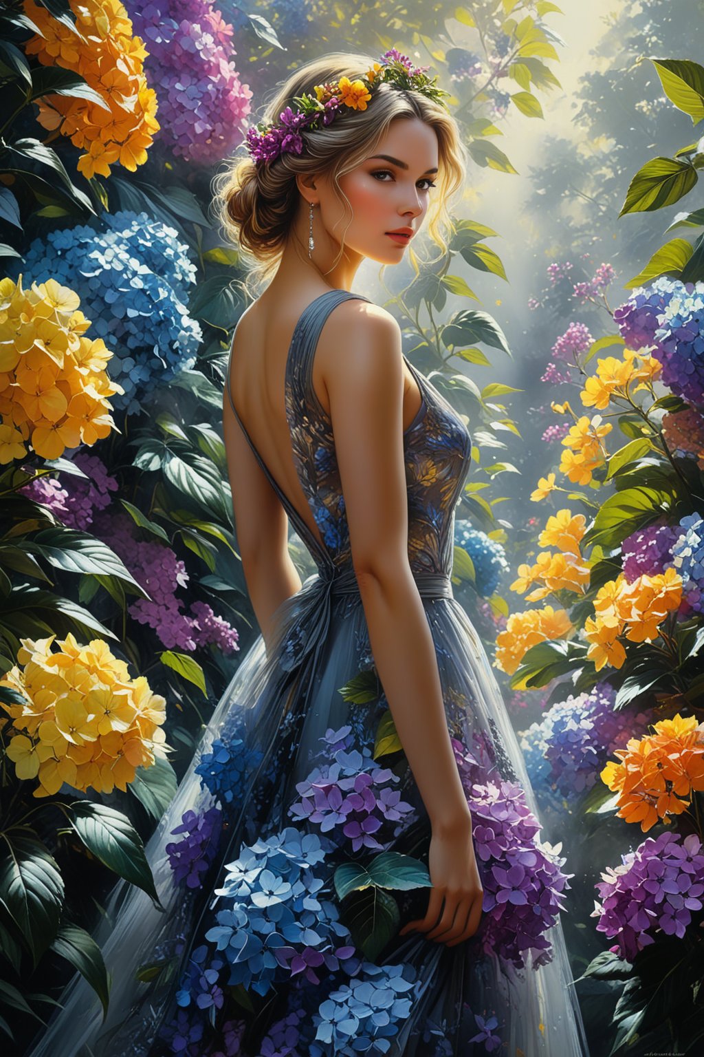 ((extremely perfect detailed:1.9)), ((ultra detailed realistic:1.9)), Masterpiece, HD, 16K, a beauty, busty, realistic waist. ((Ultra perfect detailed are 16 years tender female face:1.9)). ((A painting in colorful multicolor shades, gown and elaborate floral wreath)), (((airbrush art by Yoji Shinkawa:1.9))), ((standing between tropical flora)), ink art,line art illustration, ((the main heroine standing away in all human height between flowers)), standing away Charcoal drawing, crayons, black pencil art, graphite art, masterpiece, crayons, RTX, 4k, HDR, Anna Razumovskaya, Casey Baugh, Antonio Mora, Aminola Rezai, Giovanni Boldini, art, detailed)), (Soft, warm sunlight filters through misty atmosphere), (cinematic landscape), (stunningly soft atmosphere light evenly illuminating the entire face and body), ((female hidden away in royal hydrangea)), (yellow sundress), looking_at_camera, ((the only one solo main heroine standing away in all human height)), (solo:1.9), , ((the only one solo main heroine standing away in all human height between royal hydrangea)), ((looking_at_camera)), (royal big petals hydrangea blue purple fuxia). (perfect fashion dynamic standing pose), bohemia