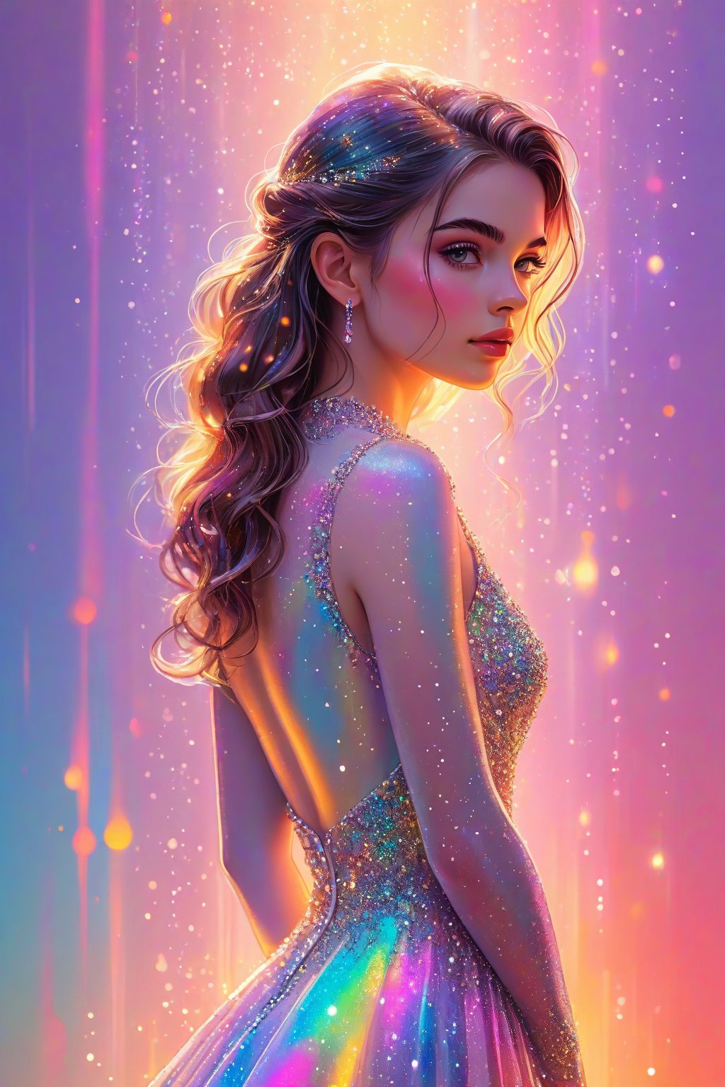 ((extremely detailed:1.9)), ((extremaly right female body proportions:1.9)). Masterpiece, HD, 16K, A captivating minimalist illustration of a 18-year-old beauty, luminous evening dress design, pastel colours, ink drips, multicolor background, autumn lights, looking over shoulder pose, shiny, glitter. half turn body, looking over shoulder pose