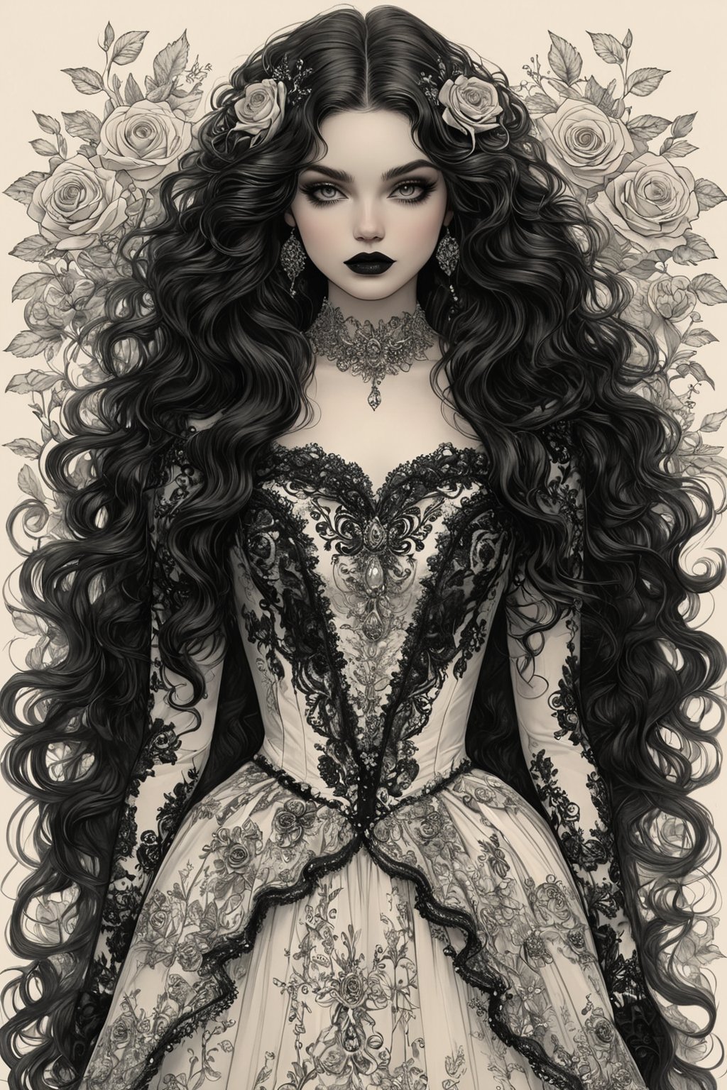 ((extremely perfect detailed art:1.9)), Masterpiece, HD, 16K, A captivating minimalist illustration of a 18-year-old beauty. (gothic beauty, chiffon ivory gown, ivory tulle, black ornate motifs threads, pattern of black lace, sparkling lace, gems, beautiful full black lips, eye drawing, tuxedo eyes, long fluffy lashes, big layered black hair, large curls on long hair), the tights with sparkling lace. ((midjorney style face:1.9)), ((detailed flux type face:1.9)), bohemian, delicate image, hyper-detailing, aesthetic, good soft illuminated, photorealistic line ink art), ((gaze directed at viewer, looking_at_camera)), (the only one solo main heroine:1.9), (standing maximum away with all human height:1.9), (best fashion dynamic standing pose:1.9), (standing maximum away:1.9), (black ink line art), spirals and swirls in rococo style, perfect symmetry, symmetrical, large motifs, (standing maximum away in marble castle:1.9), garden roses, lanky