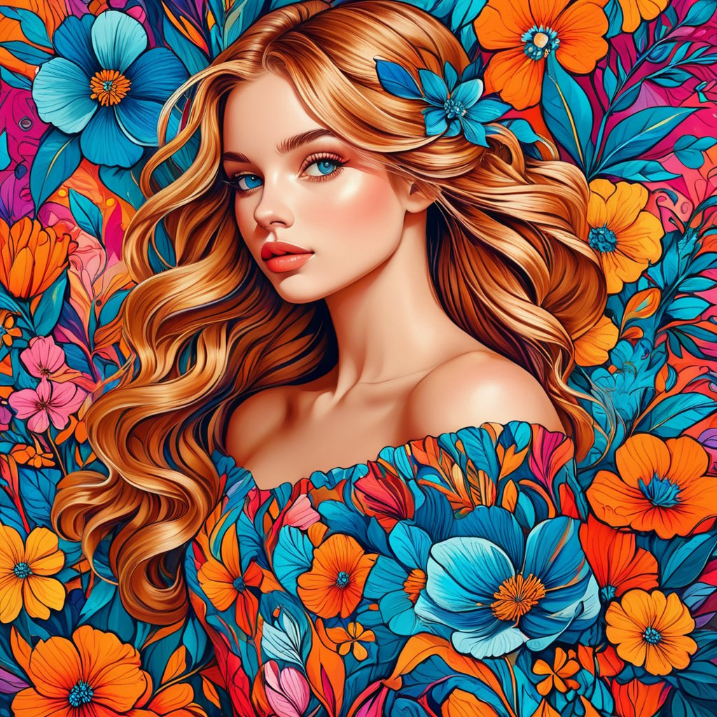 ((extremely perfect detailed)), Masterpiece, highest quality, high resolution, of a girl, with exquisite features, wearing an off-the-shoulder dress featuring various abstract and stylized floras style background  in vibrant and whimsical artistic patterns., floral pattern,ink art,line art illustration, bright, multicolors,