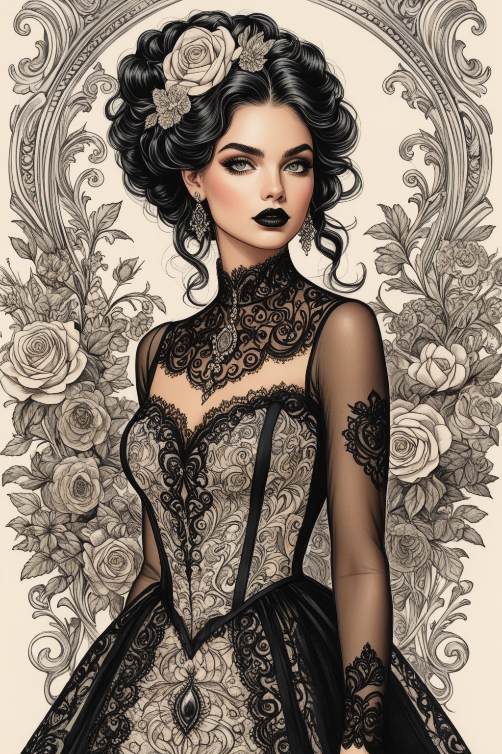 ((extremely perfect detailed art:1.9)), Masterpiece, HD, 16K, A captivating minimalist illustration of a 18-year-old beauty. perfect detailed face, (gothic beauty, chiffon ivory gown, ivory tulle, black ornate motifs threads, pattern of black lace, sparkling lace, gems, beautiful full black lips, eye drawing, tuxedo eyes, long fluffy lashes, big layered black hair, large curls on long hair), the tights with sparkling lace. ((midjorney style face:1.9)), ((detailed flux type face:1.9)), bohemian, delicate image, hyper-detailing, aesthetic, good soft illuminated, photorealistic line ink art), ((gaze directed at viewer, looking_at_camera)), (the only one solo main heroine:1.9), (standing maximum away with all human height:1.9), (best fashion dynamic standing pose:1.9), (standing maximum away:1.9), (black ink line art), spirals and swirls in rococo style, perfect symmetry, symmetrical, large motifs, ((the only one solo main heroine standing away in all human height)), (standing maximum away in marble castle open balcony:1.9), garden roses, lanky, art,Add_More_Details