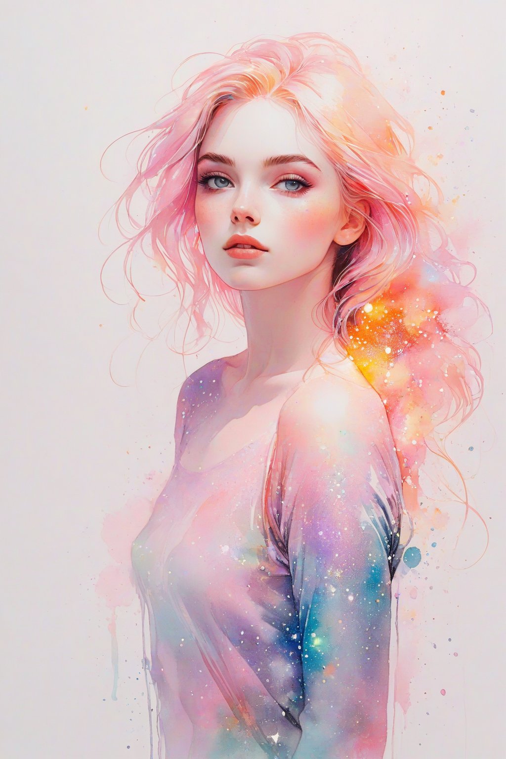 ((extremely detailed:1.9)), ((extremaly right female body proportions:1.9)). Masterpiece, HD, 16K, A captivating minimalist illustration of a 18-year-old beauty. a woman by agnes cecile, luminous design, pastel colours, ink brushes, autumn lights, looking over shoulder pose, shiny, glitter. half turn body, looking over shoulder pose