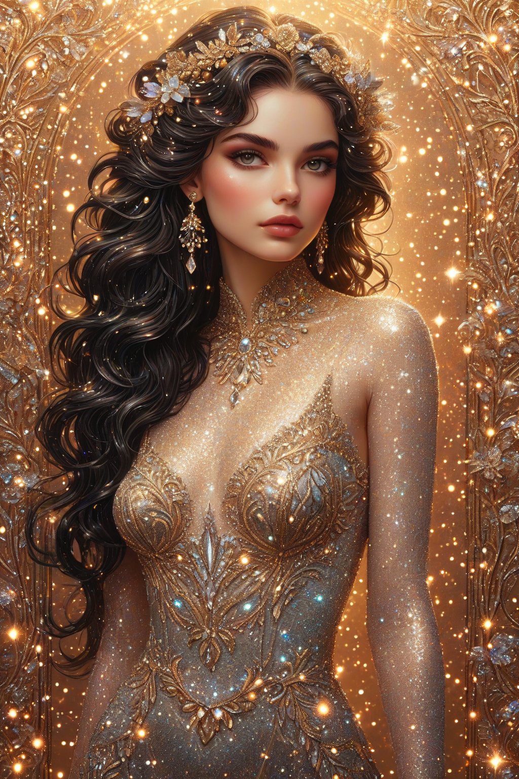 ((extremely detailed:1.9)), ((extremaly right female body proportions:1.9)). Masterpiece, HD, 16K, A captivating minimalist illustration of a 18-year-old beauty, luminous evening dress design, pastel colours, ink drips multicolor background, autumn lights, looking over shoulder pose, shiny, glitter. half turn body, looking over shoulder pose. (((extremely detailed:1.9)), ((extremely right perfect female upper body proportion:1.9)). Masterpiece, HD, 16K, A captivating minimalist illustration of a 18-year-old beauty. (gothic beauty, push up busty, black and gold, beads chiffon gown, ornate motifs beads threads, pattern of beads lace, beads sparkling lace, gems, beautiful full black lips, eye drawing, tuxedo eyes, long fluffy lashes, big layered black hair, large curls on long hair), beads wreath in hair, beads threads on hair, the tights with sparkling lace, ((midjorney style face:1.9)), ((detailed flux type face:1.9)), bohemian, delicate image, hyper-detailing, aesthetic, good soft illuminated, photorealistic line ink art, (crystals, gems, gold dust bokeh), ((gaze directed at viewer, looking_at_camera)), (the only one solo main heroine:1.9), (standing maximum away with all human height:1.9), (best fashion dynamic standing pose:1.9), (standing maximum away:1.9), ((black ink line art)), ((stand under fresk ornate motifs wall)), bright. ((black gold background)), (gold frame of art nouveau), (art nouveau background), (sensetive, tender, goddess, artistic pose, elegant dynamic standing pose), ((away upper body)), ((photorealistic detailed face)), shiny, glitter. half turn body, looking over shoulder pose.