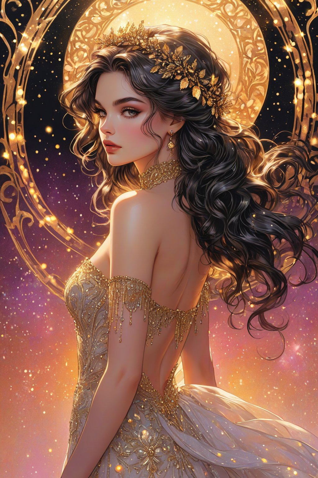 ((extremely detailed:1.9)), ((extremaly right female body proportions:1.9)). Masterpiece, HD, 16K, A captivating minimalist illustration of a 18-year-old beauty, luminous evening dress design, pastel colours, ink drips multicolor background, autumn lights, looking over shoulder pose, shiny, glitter. half turn body, looking over shoulder pose. (((extremely detailed:1.9)), ((extremely right perfect female upper body proportion:1.9)). Masterpiece, HD, 16K, A captivating minimalist illustration of a 18-year-old beauty. (gothic beauty, push up busty, black and gold, beads chiffon gown, ornate motifs beads threads, pattern of beads lace, beads sparkling lace, gems, beautiful full black lips, eye drawing, tuxedo eyes, long fluffy lashes, big layered black hair, large curls on long hair), beads wreath in hair, beads threads on hair, the tights with sparkling lace, ((midjorney style face:1.9)), ((detailed flux type face:1.9)), bohemian, delicate image, hyper-detailing, aesthetic, good soft illuminated, photorealistic line ink art, (crystals, gems, gold dust bokeh), ((gaze directed at viewer, looking_at_camera)), (the only one solo main heroine:1.9), (standing maximum away with all human height:1.9), (best fashion dynamic standing pose:1.9), (standing maximum away:1.9), ((black ink line art)), ((stand under fresk ornate motifs wall)), bright. ((black gold background)), (gold frame of art nouveau), (art nouveau background), (sensetive, tender, goddess, artistic pose, elegant dynamic standing pose), ((away upper body)), ((photorealistic detailed face)), shiny, glitter. half turn body, looking over shoulder pose.