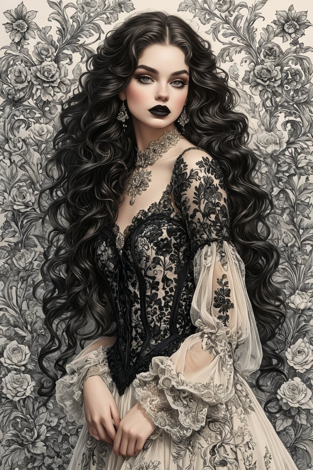 ((extremely perfect detailed art:1.9)), Masterpiece, HD, 16K, A captivating minimalist illustration of a 18-year-old beauty. (gothic beauty, chiffon ivory gown, ivory tulle, black ornate motifs threads, pattern of black lace, sparkling lace, gems, beautiful full black lips, eye drawing, tuxedo eyes, long fluffy lashes, big layered black hair, large curls on long hair), the tights with sparkling lace. ((midjorney style face:1.9)), ((detailed flux type face:1.9)), bohemian, delicate image, hyper-detailing, aesthetic, good soft illuminated, photorealistic line ink art), ((gaze directed at viewer, looking_at_camera)), (the only one solo main heroine:1.9), (standing maximum away with all human height:1.9), (best fashion dynamic standing pose:1.9), (standing maximum away:1.9), (black ink line art), spirals and swirls in rococo style, perfect symmetry, symmetrical, large motifs, (standing maximum away in marble castle:1.9), garden roses, lanky